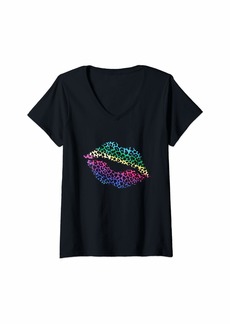 Womens Rainbow Leopard Print Lips Kiss Me Cool Retro Gift V-Neck T-Shirt