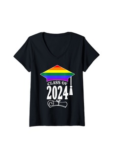 Womens Rainbow LGBTQ+ Gay Pride Graduation Cap Class 2024 Diploma V-Neck T-Shirt