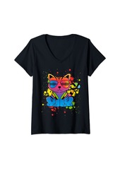 Womens Rainbow Music Cat Lovers Tshirt V-Neck T-Shirt