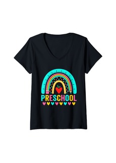 Womens Rainbow Preschool Teacher Kids Crew Squad 1st Day of School V-Neck T-Shirt