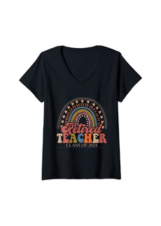 Womens Rainbow Retired Teacher Class of 2024 Teacher Retirement V-Neck T-Shirt