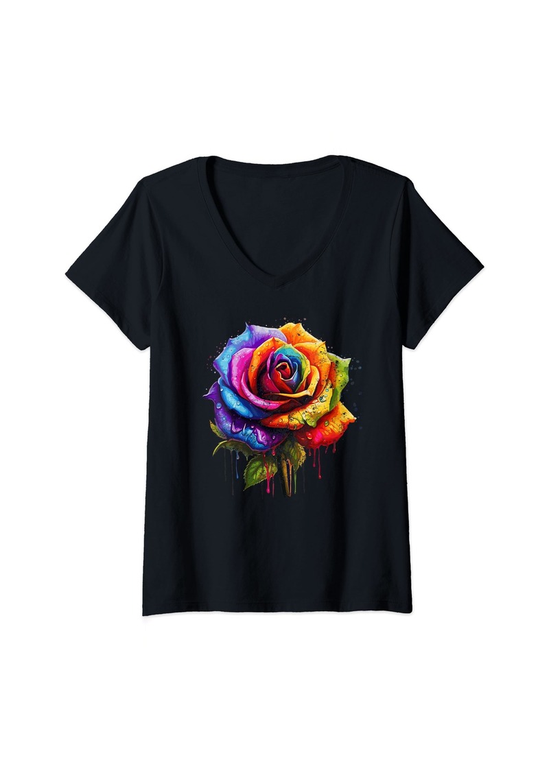 Womens Rainbow Rose Vintage Flowers Pride Gay Lesbian LGBTQ Gifts V-Neck T-Shirt