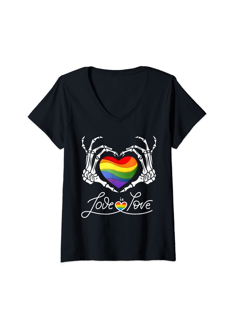 Womens Rainbow Skeleton Heart Love Is Love LGBT Gay Lesbian Pride V-Neck T-Shirt