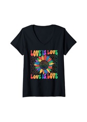 Womens Rainbow Sunflower Love Is Love LGBT Gay Lesbian Pride Groovy V-Neck T-Shirt