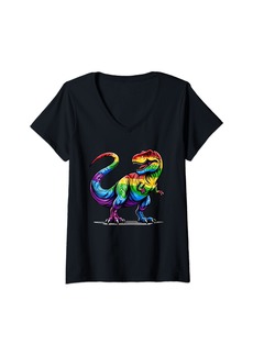 Womens Rainbow T-Rex Dinosaur Lovers Tyrannosaurus Rex Rainbow V-Neck T-Shirt