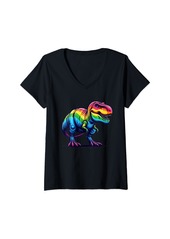 Womens Rainbow T-Rex Dinosaur Lovers Tyrannosaurus Rex Rainbow V-Neck T-Shirt