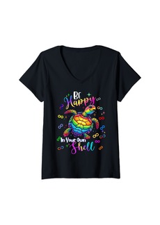 Womens Rainbow Turtle Be Happy In Your Own Shell Autism Awareness V-Neck T-Shirt