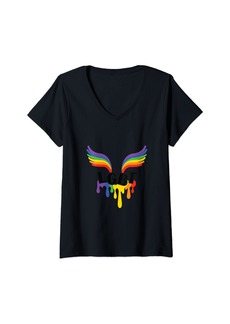 Womens Rainbow Wings LGBT Gay Lesbian Pride V-Neck T-Shirt