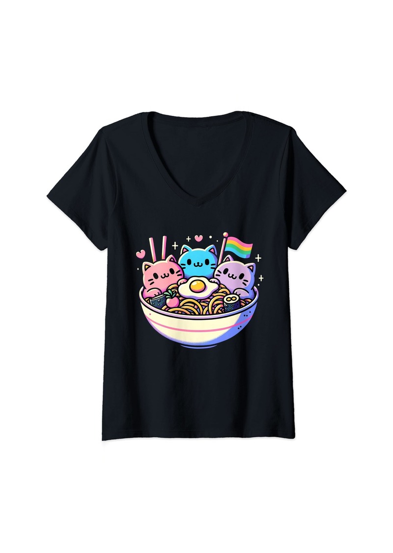 Womens Retro Rainbow Flag Cats Ramen Gay Pride Month Cat LGBTQ Ally V-Neck T-Shirt