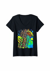 Rainbow Womens Saxophone Pop Art V-Neck T-Shirt