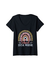 Womens School Social Worker Rainbow Leopard Print Funny Social Work V-Neck T-Shirt