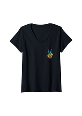 Womens Skeleton Hand Peace Sign rainbow peace finger sign V-Neck T-Shirt