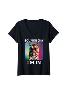 Womens Sounds Gay I'm In Pride Month Rainbow LGBTQ Tiger Wildlife V-Neck T-Shirt