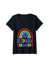 Womens Stepmom Rainbow Birthday Boy Girl Bday Party V-Neck T-Shirt