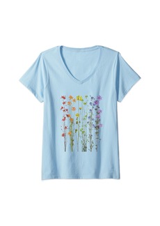 Womens Subtle Gay Pride LGBTQ Wildflowers Rainbow Flowers Florals V-Neck T-Shirt
