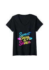 Rainbow Womens Sweet Sassy and Seven Girls Birthday Tie Dye 7 Year Old Kids V-Neck T-Shirt