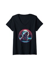 Rainbow Womens Therian Pride Month Moon Wolf Howl Retro Furry LGBTQ V-Neck T-Shirt