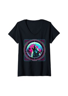 Rainbow Womens Therian Pride Month Moon Wolf Howl Retro Furry LGBTQ V-Neck T-Shirt
