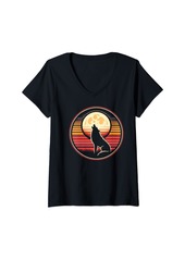 Rainbow Womens Therian Pride Month Retro Sunset Howling Wolf Furry LGBTQ V-Neck T-Shirt
