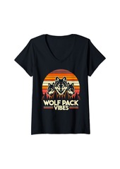 Rainbow Womens Therian Pride Month Retro Sunset Wolf Pack Vibes Furry LGBTQ V-Neck T-Shirt