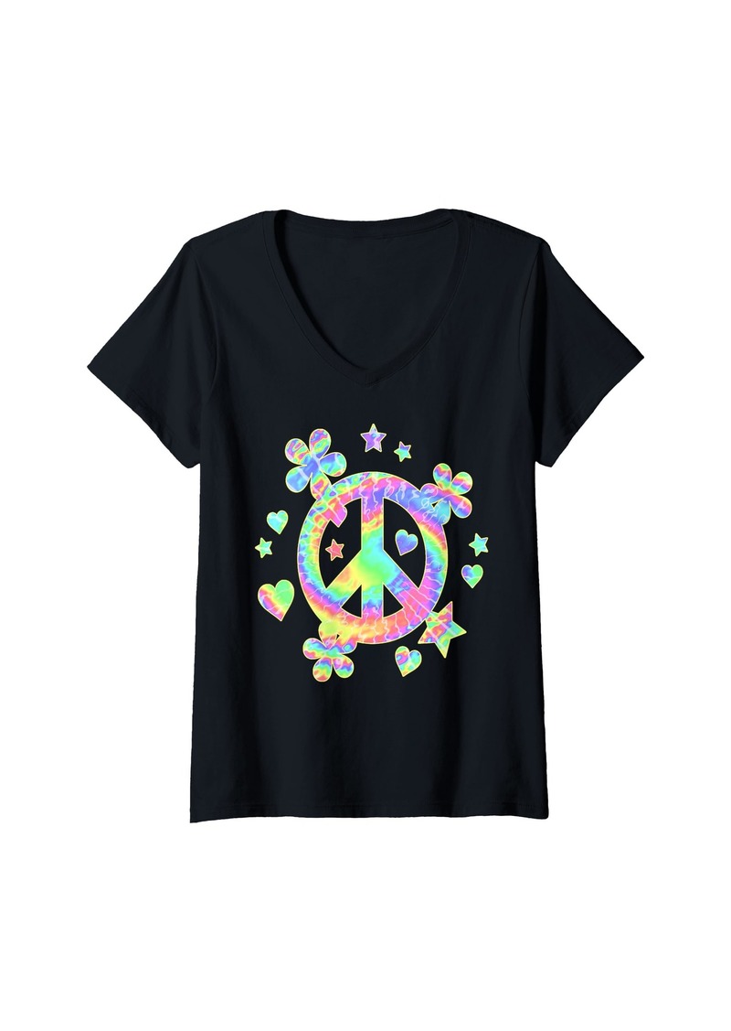 Rainbow Womens Tie-Dye Peace Sign Cute Love Colorful Tye Dye Hippie Flowers V-Neck T-Shirt