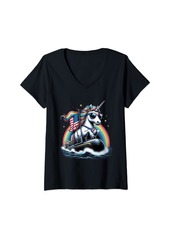 Rainbow Womens Unicorn Riding Submarine 4th of July Boys Girls Women Kids V-Neck T-Shirt