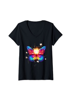 Womens Vibrant Colorful Cute Rainbow Butterfly Breaking Free V-Neck T-Shirt