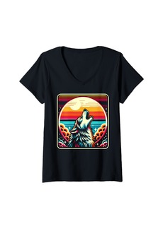 Womens Vintage Therian Pride Month Rainbow Wolf Furry LGBTQ V-Neck T-Shirt