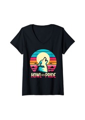 Womens Vintage Therian Pride Month Rainbow Wolf Howl With Pride V-Neck T-Shirt