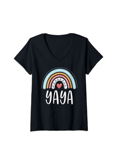 Womens Yaya Gifts For Grandma Family Rainbow Graphic V-Neck T-Shirt