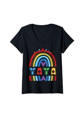 Womens Yaya Rainbow Birthday Boy Girl Grandma Bday Party V-Neck T-Shirt
