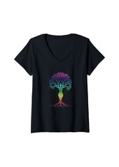 Womens Yoga Tree Rainbow Chakras V-Neck T-Shirt