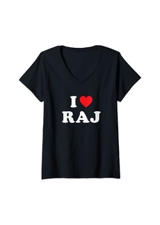 Womens Raj Name Gift I Love Raj Heart Raj V-Neck T-Shirt
