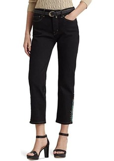 Ralph Lauren Beaded High-Rise Straight Cropped Jeans in Black Rinse Wash