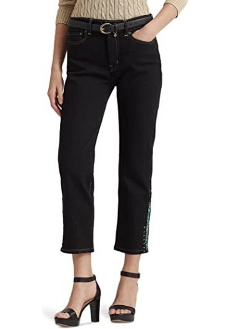 Ralph Lauren Beaded High-Rise Straight Cropped Jeans in Black Rinse Wash