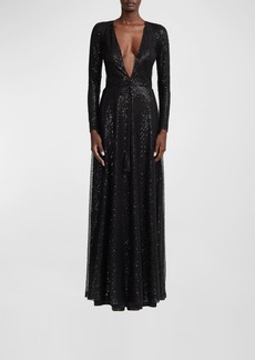 Ralph Lauren Carmelo Plunging Embellished Long-Sleeve Gown