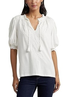 Ralph Lauren Embroidered Jersey Puff-Sleeve Top