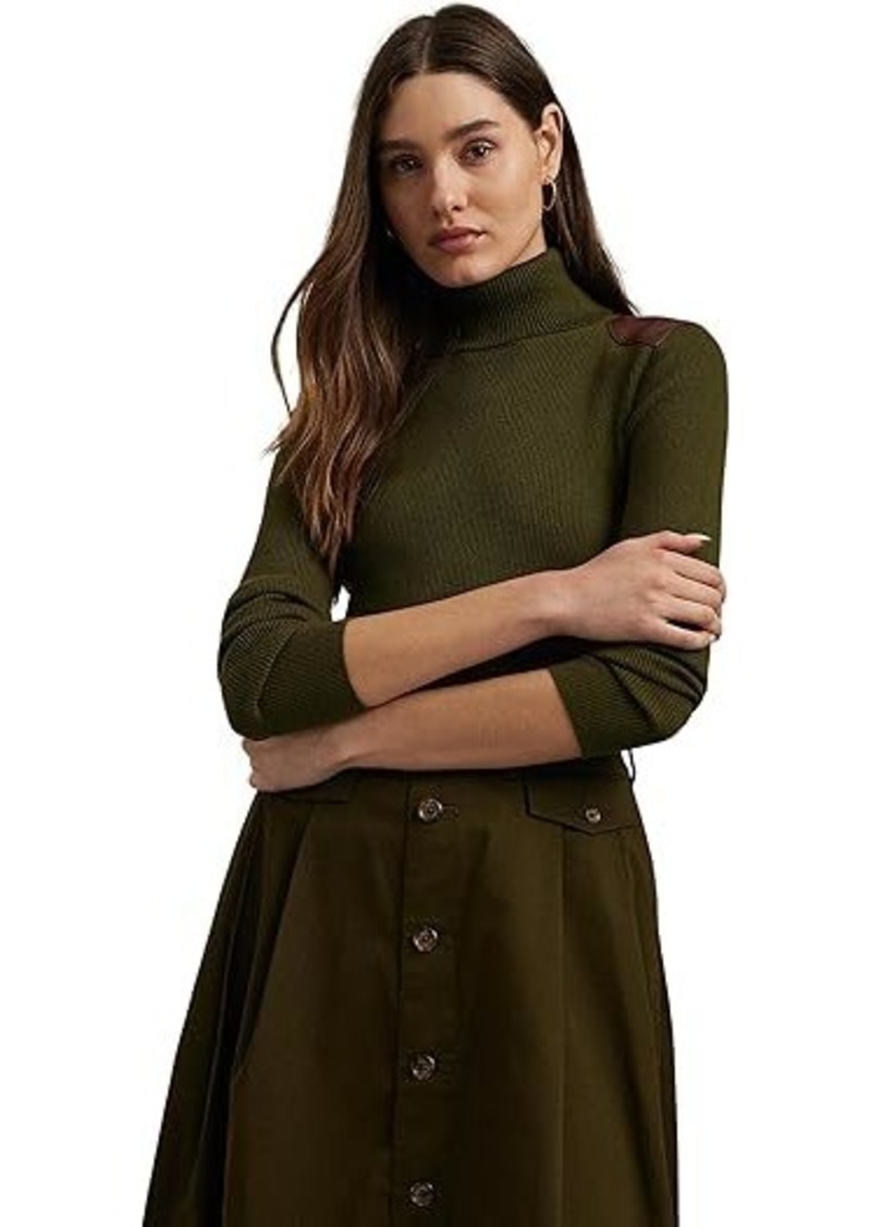 Ralph Lauren Faux Leather-Trim Ribbed Turtleneck