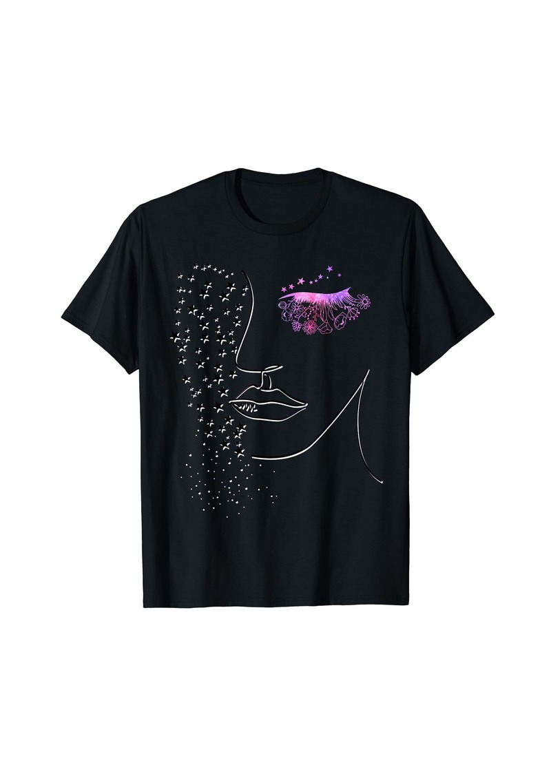 Ralph Lauren Female Minimalist Face Art - Pink Flower Eye Lashes & Stars T-Shirt