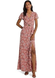 Ralph Lauren Floral Belted Flutter-Sleeve Gown