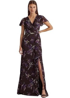 Ralph Lauren Floral Belted Georgette Flutter-Sleeve Gown