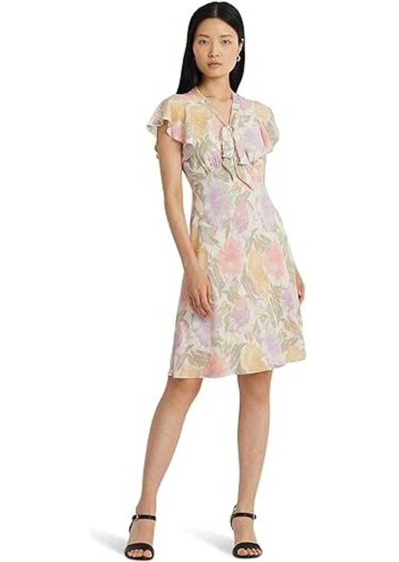 Ralph Lauren Floral Bubble Crepe Tie-Neck Dress