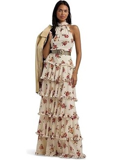 Ralph Lauren Floral Crinkle Georgette Tiered Gown