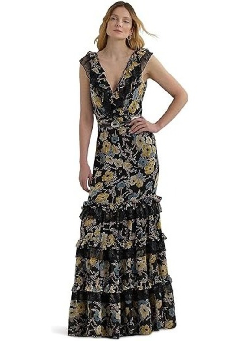 Ralph Lauren Floral Ruffle-Trim Georgette Gown