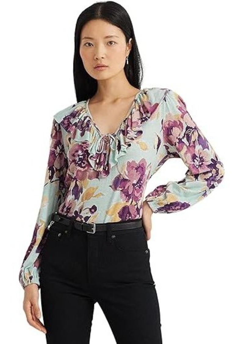 Ralph Lauren Floral Ruffle-Trim Jersey Tie-Neck Top