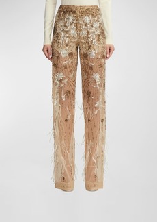 Ralph Lauren High-Rise Feather Embellished Sheer Straight-Leg Pants