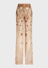Ralph Lauren High-Rise Feather Embellished Sheer Straight-Leg Pants