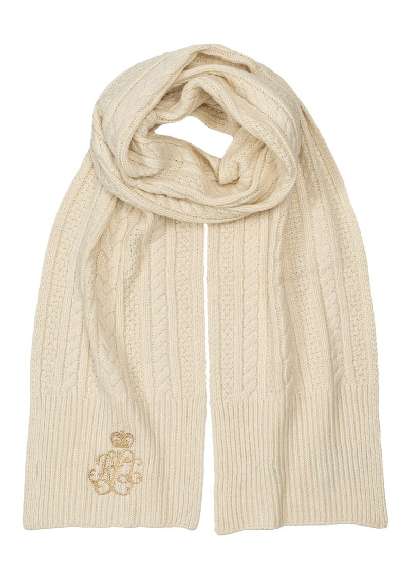 Lauren Ralph Lauren Cable Scarf with Direct Embroidery and Stones - Cream