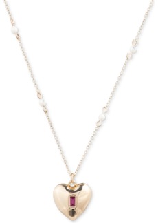 "Lauren Ralph Lauren Gold-Tone Baguette Stone Heart Imitation Pearl Beaded Pendant Necklace, 16"" + 3"" extender - Dark Pink"