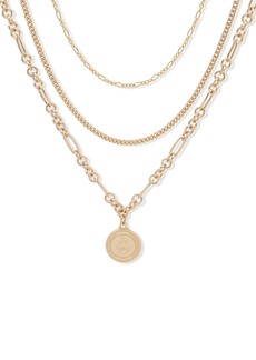 "Lauren Ralph Lauren Gold-Tone Crest Layered Pendant Necklace, 16"" + 3"" extender - Pearl"